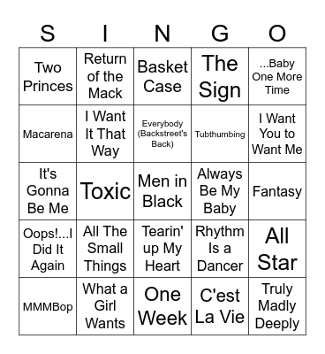 The Jennifers Singo Bingo Card