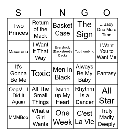 The Jennifers Singo Bingo Card