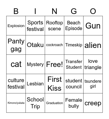 High school anime bingo Card