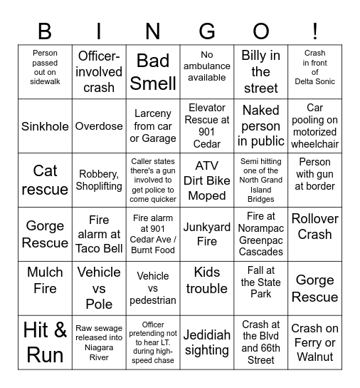 Niagara Falls Bingo Card