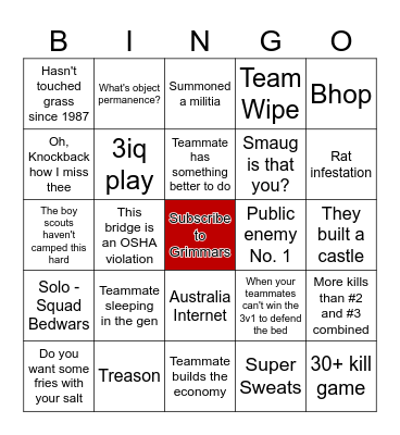 Grimmars Bedwars Bingo Card