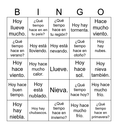 ¿Qué tiempo hace hoy?  Linguamigo Bingo Card