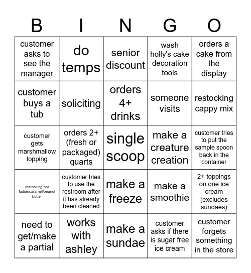 7/6/2024 closing shift Bingo Card