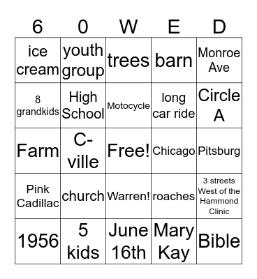 Pat and Warren 60th Anniversary Bingo Card