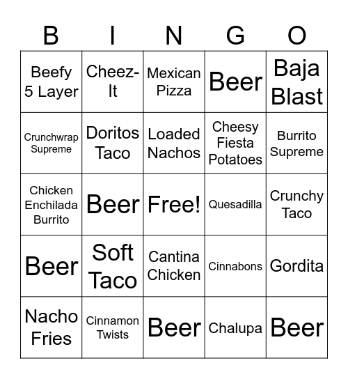 Taco Bell Bingo Card