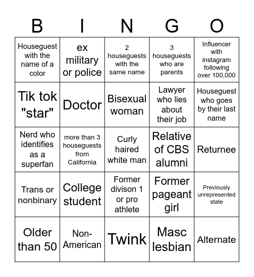Big Brother 26 Houseguests Bingo Card