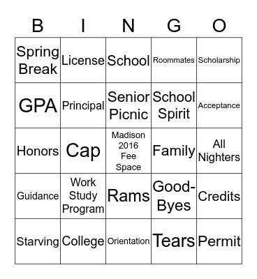 Madison's Graduation Bingo Card