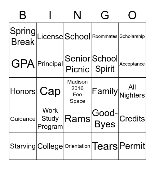 Madison's Graduation Bingo Card