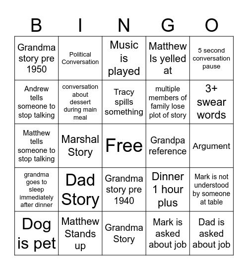 Family Bingo Card