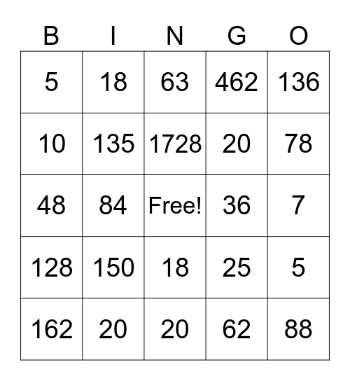 Maths BINGO!!! Bingo Card