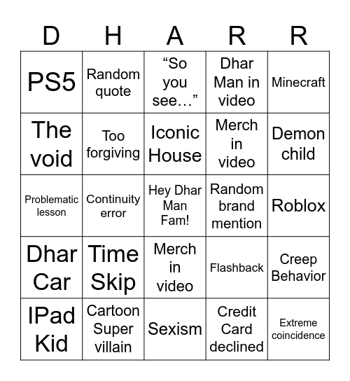 DharMan Bingo Card