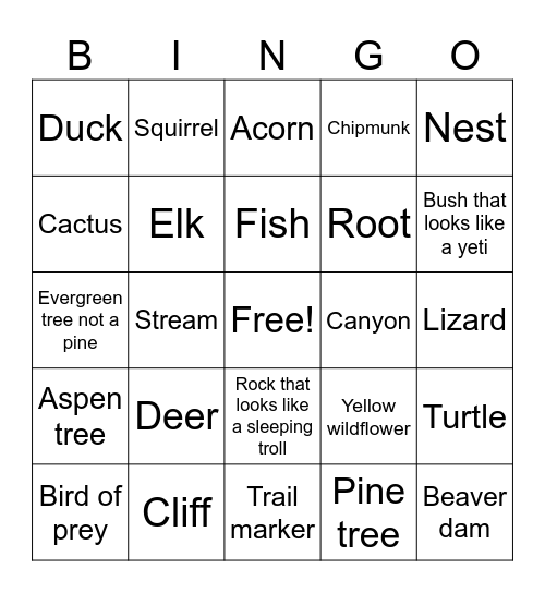 State Parks Bingo Card