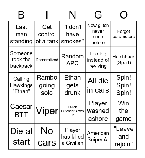 Escape Arma Bingo Card
