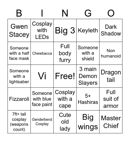 Comic Con Bingo Card