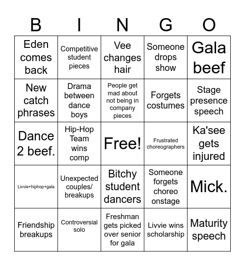 dance 2024-2025 Bingo Card