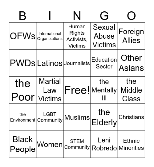 OFFENSIVENESS BINGO: Duterte Edition Bingo Card