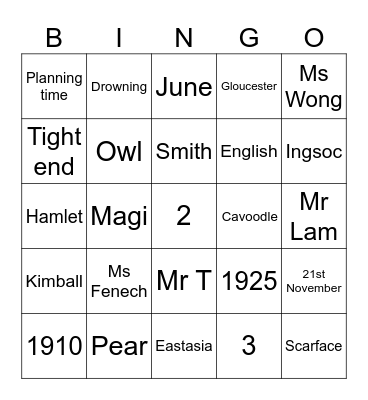 English ADV Bingo Card
