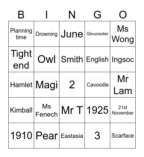 English ADV Bingo Card
