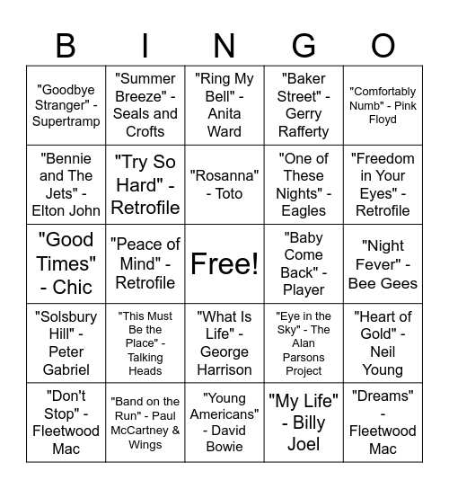 70's Music Bingo Round #3 Bingo Card