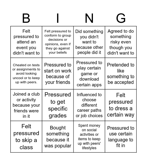 Peer Pressure Bingo Card