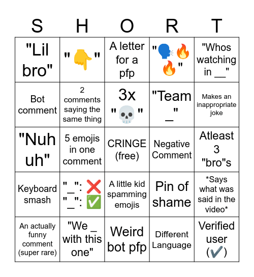 YouTube Shorts: Comment Bingo Card