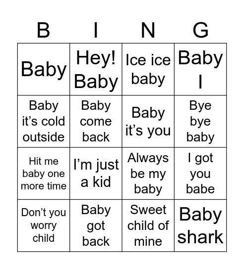 Baby music bingo Card