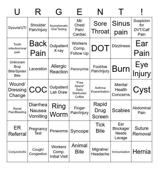 Urgent Care BINGO Card