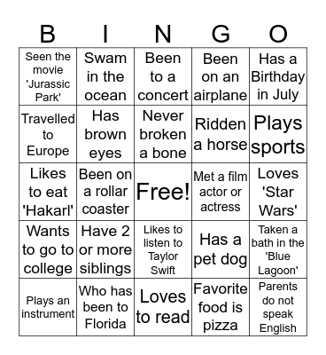 Getting To Know You Bingo Card