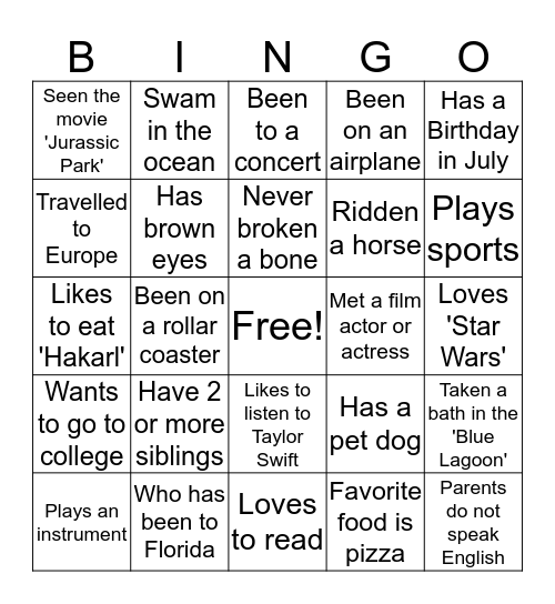 Getting To Know You Bingo Card