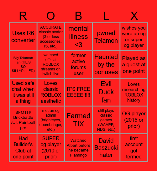 Classic ROBLOX Bingo Card