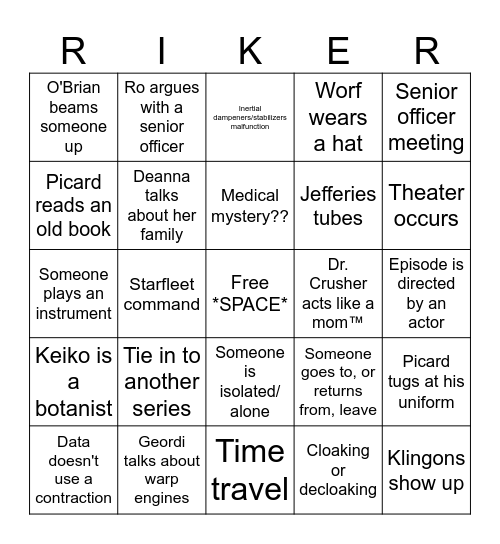 Star Trek: The Next Generation Bingo Card