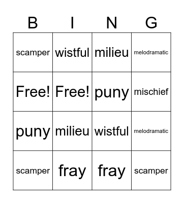 Vocabulary July 8-14 Bingo Card