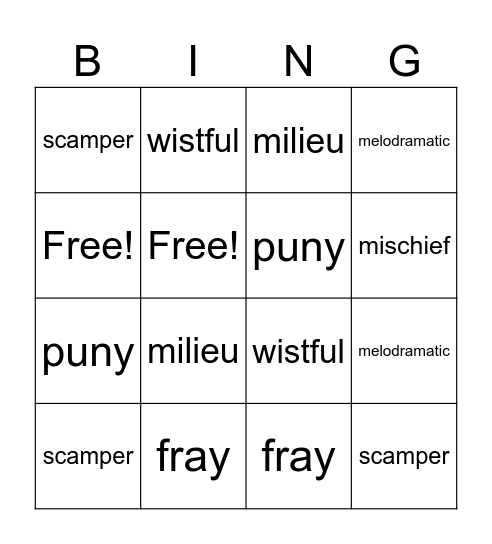 Vocabulary July 8-14 Bingo Card
