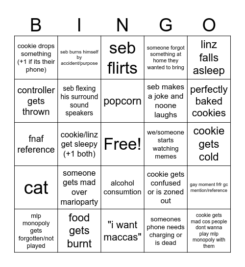 Game Night w/Friends by Cookie Bingo Card