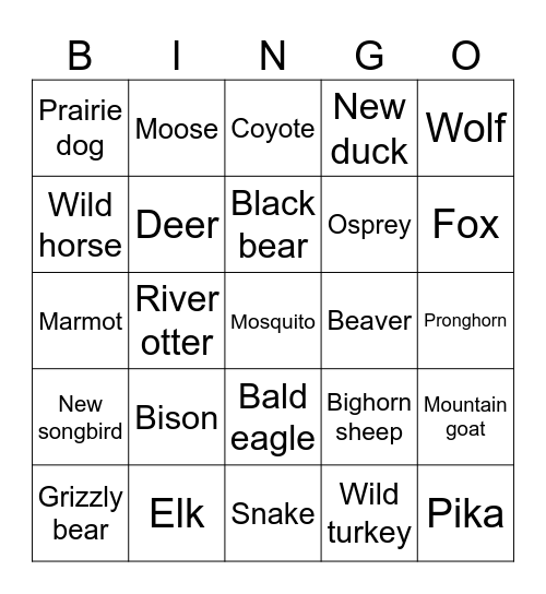 Wildlife Bingo Card