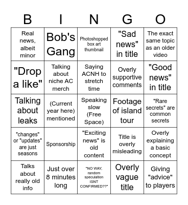 Crossing Channel Bingo Card