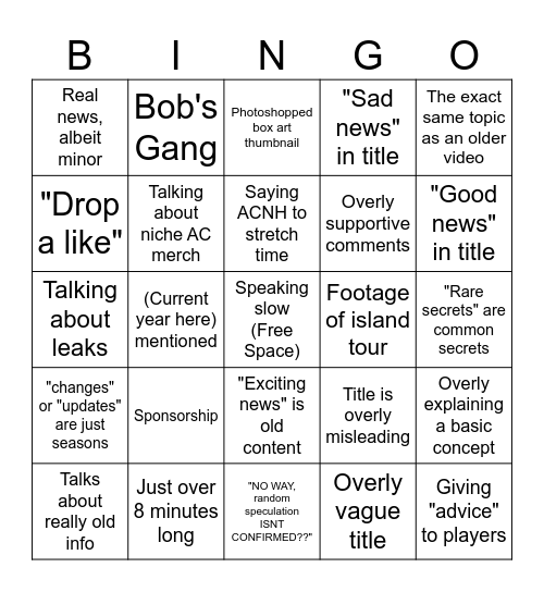 Crossing Channel Bingo Card
