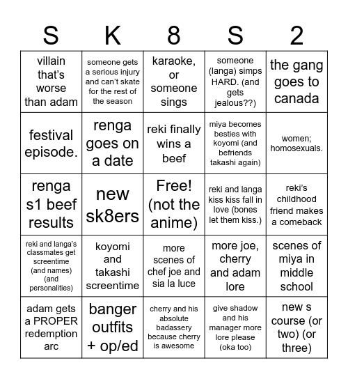 SK8 SEASON 2 BINGO‼️ Bingo Card