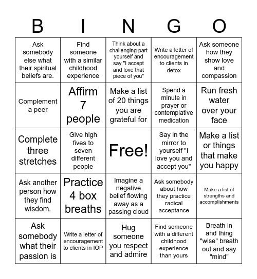 Mindfulness practices from a Spiritual Perspective Bingo Card