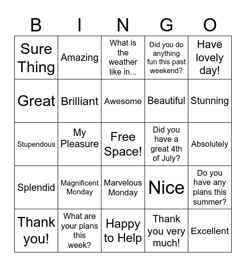 Sentiment BINGO Card