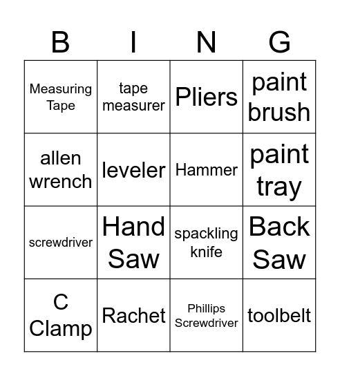 TOOLS BINGO Card