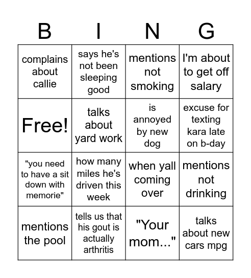 dad bingo Card