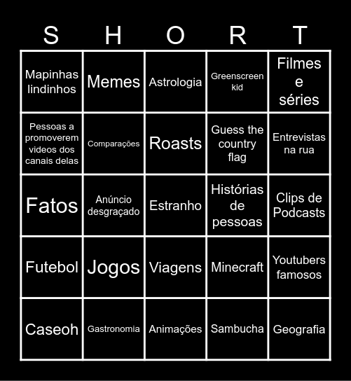 Youtube Shorts Bingo Card