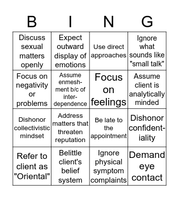 Don'ts in Counseling Asians Bingo Card