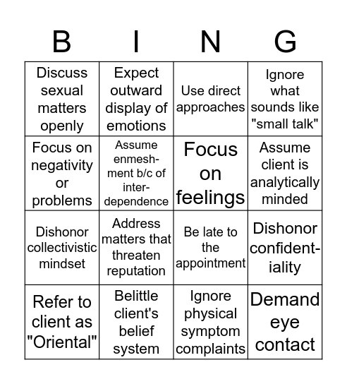 Don'ts in Counseling Asians Bingo Card