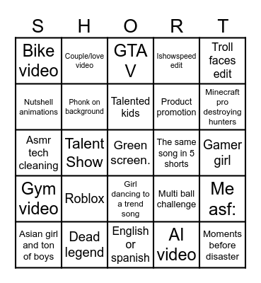 Youtube Shorts Bingo Card