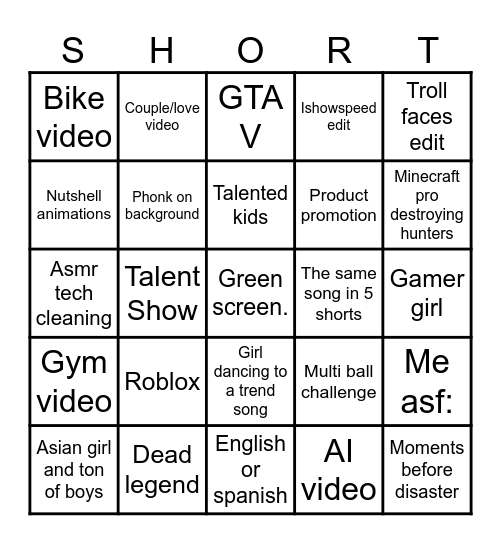 Youtube Shorts Bingo Card