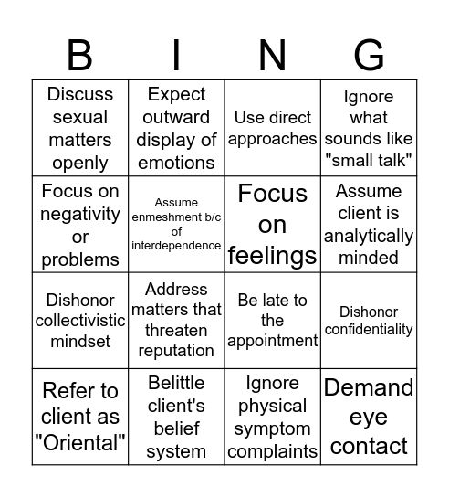 Don'ts in Counseling Asians Bingo Card