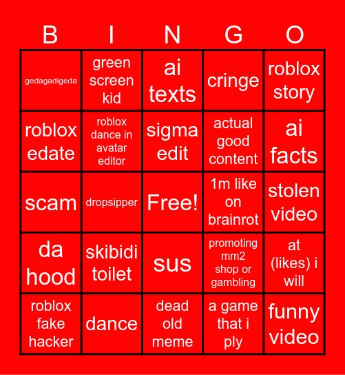 yt shorts roblox Bingo Card