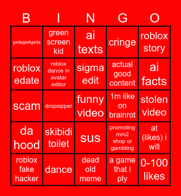 yt shorts roblox Bingo Card
